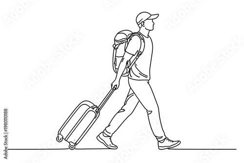 Continuous line drawing of a young male traveler walking with a backpack and pulling a rolling suitcase behind him, minimalist vector illustration of a man on a journey or vacation trip.