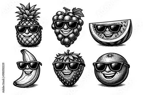 Set of Hand Drawn Monochrome Fruit Characters Wearing Sunglasses in a Vintage Woodcut Engraving Style Including Pineapple Grapes Watermelon Banana Strawberry and Orange for Retro Summer Designs
