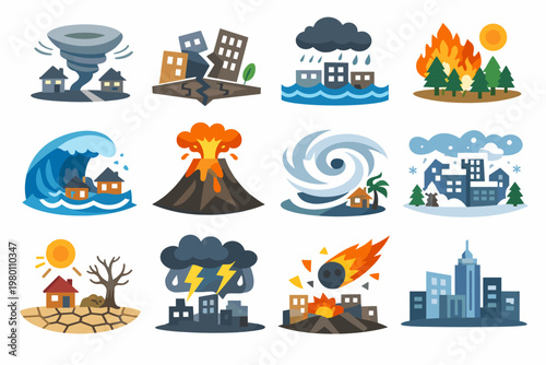 Comprehensive Set of Flat Vector Icons Depicting Natural Disasters and Urban Environments: Tornado, Earthquake, Flood, Wildfire, Tsunami, Volcano, Hurricane, Blizzard, Drought, and Meteor Strike.