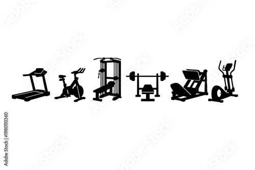 Set of six black silhouettes of gym fitness machines and exercise equipment including treadmill, stationary bike, lat pulldown, bench press, leg press, and elliptical trainer on white background.