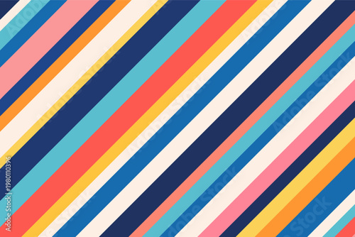 Vibrant abstract vector background featuring a seamless pattern of colorful diagonal stripes in navy, blue, pink, yellow, and orange. Modern geometric design for wallpaper, fabric, and textile art.
