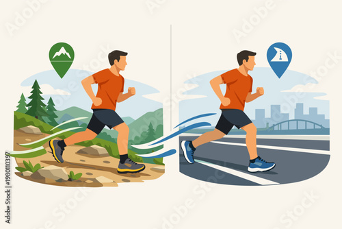 Comparison of Trail and Road Running with Male Athlete Testing Performance Shoes on Different Surfaces, Mountain Path versus Urban City Street, Flat Vector Illustration for Fitness and Sport