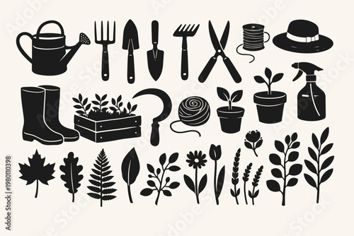 Vintage Botanical Gardening Tools and Leaves Silhouettes Set for Design and Decor; Simple Flat Vector Illustration Featuring Watering Can, Shovel, Rake, Shears, Boots, Potted Plants, and Foliage.