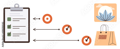 Task management, goal setting, productivity, organization, planning, and shopping. A checklist linked to targets with icons of a lotus and shopping bag. Task management and goal setting concept