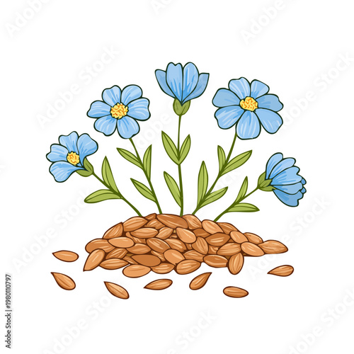 Illustration of flax seeds with blooming blue flax flowers and green leaves, symbolizing growth and nature