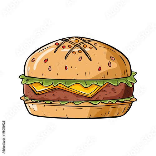 Deliciously drawn cartoon burger with cheese lettuce and sesame bun on white background