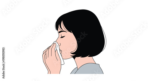 The woman with short dark hair holds a white tissue to her nose in a profile view against a plain white background with clean lines and soft skin tones.