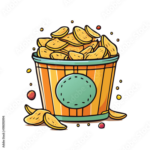 A bucket overflowing with delicious potato chips, scattered around, cartoon style illustration