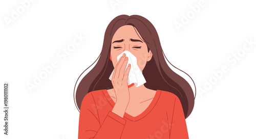 The brunette woman in a red shirt holds a white tissue to her nose while looking visibly unwell against a stark white background with soft warm lighting.