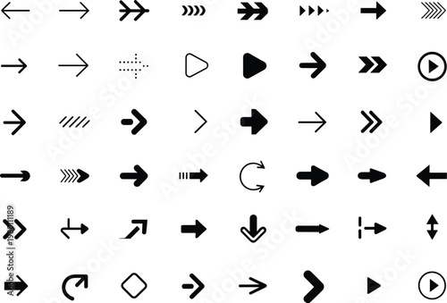 Collection of black and white arrow and symbols pointing in various directions and styles