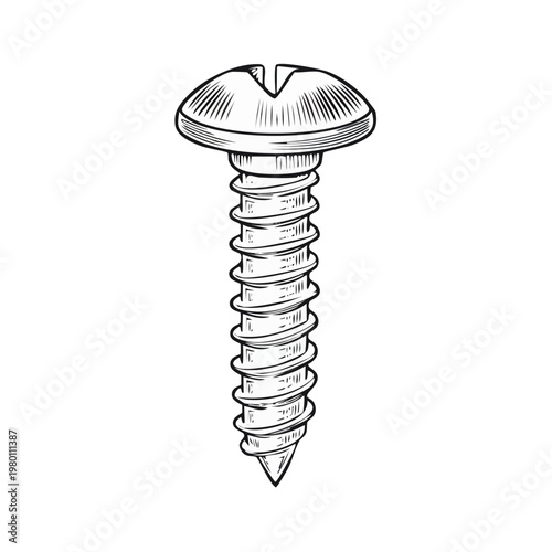 Hand Drawn Illustration of a Single Metal Screw with a Slotted Head and Spiral Threads