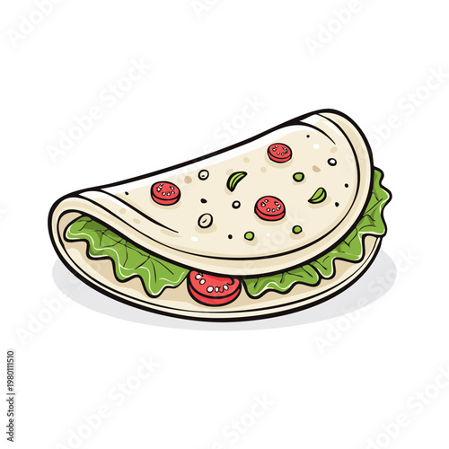 Flatbread wrap with fresh lettuce and tomato slices cartoon illustration isolated on white background