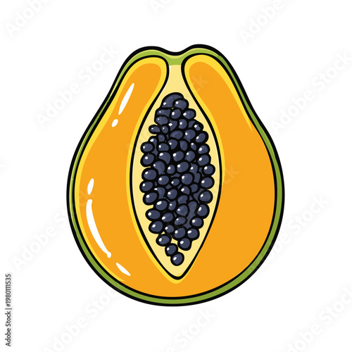Vibrant halved papaya fruit with black seeds and juicy orange flesh isolated on white