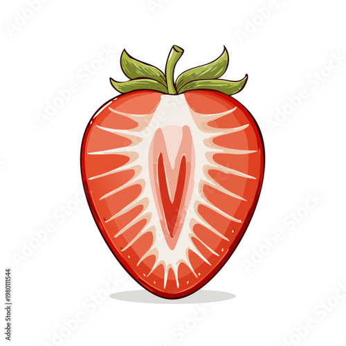 Close-up illustration of a fresh strawberry cut in half revealing juicy red flesh and white seeds.