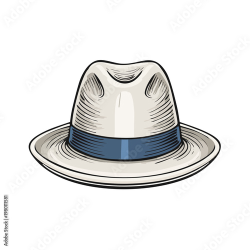 Classic fedora hat with blue ribbon trim vintage style illustration isolated on white background
