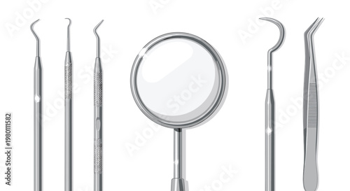 A set of professional stainless steel dental tools including a mirror and probe are arranged precisely on a sterile white surface with sharp highlights.