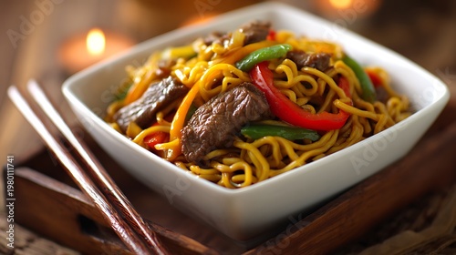 A delicious bowl of beef noodles with chopsticks on a wooden tray