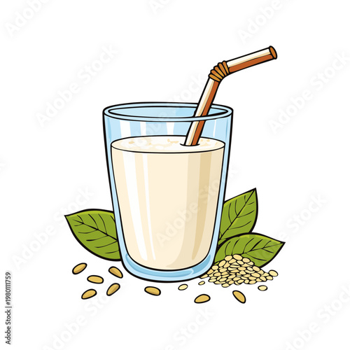 Refreshing glass of creamy plant based milk with straw surrounded by green leaves and seeds