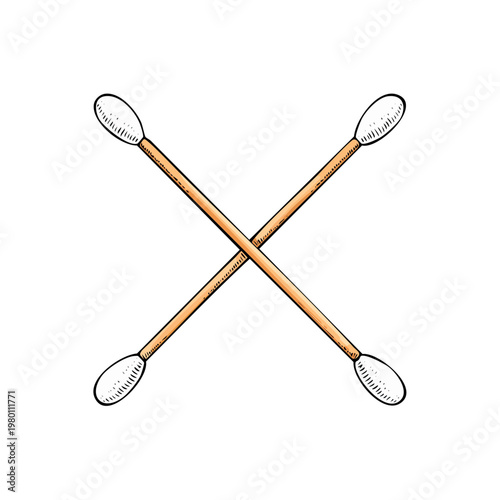 Two cross swabs with cotton tips on a white background in a simple drawing style