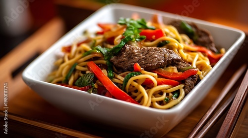 A delicious bowl of noodles with beef and vegetables on a wooden table