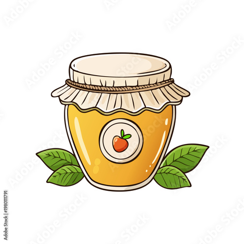 Homemade Peach Jam in a Jar with Fresh Leaves Illustration
