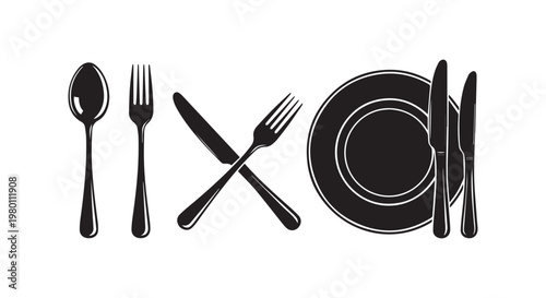 Collection of dining utensils and tableware black and white icons vector illustration graphic design.