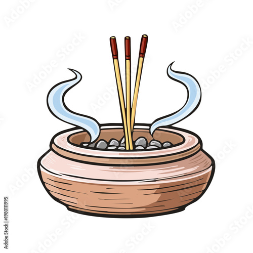 Incense burner with smoldering sticks and wisps of aromatic smoke creating a calming atmosphere