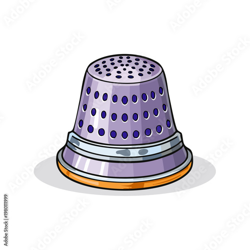 Illustration of a sewing thimble with perforated surface and metallic rim