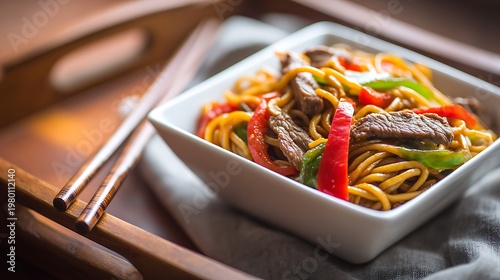 A delicious bowl of noodles with beef and vegetables on a wooden tray