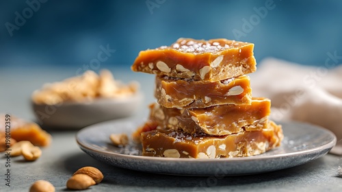 A stack of homemade peanut butter toffee bars on a plate with nuts