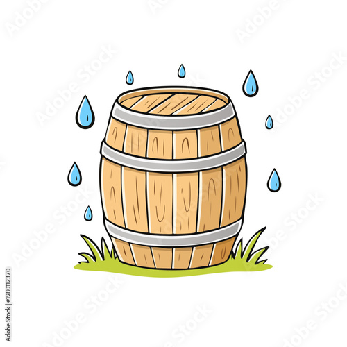 Wooden barrel with rain drops and green grass, cartoon style illustration