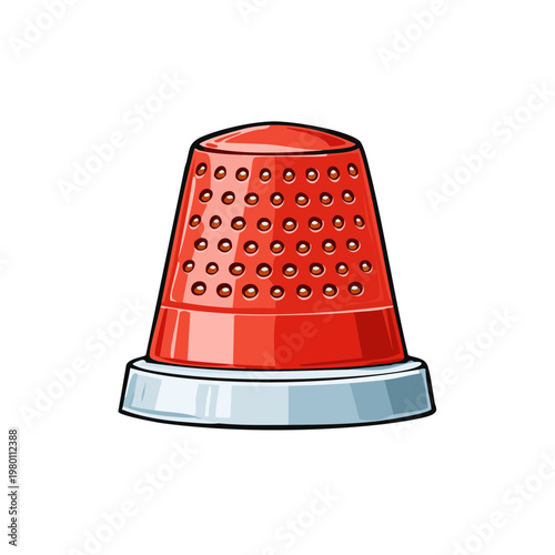 Red metal thimble with dimpled pattern used for sewing and protecting fingers