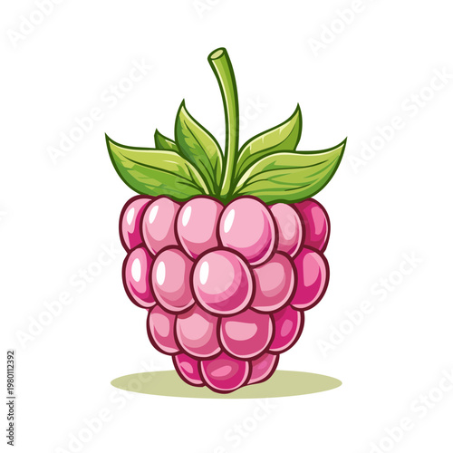 Vibrant cartoon raspberry with green leaves and stem on a light background