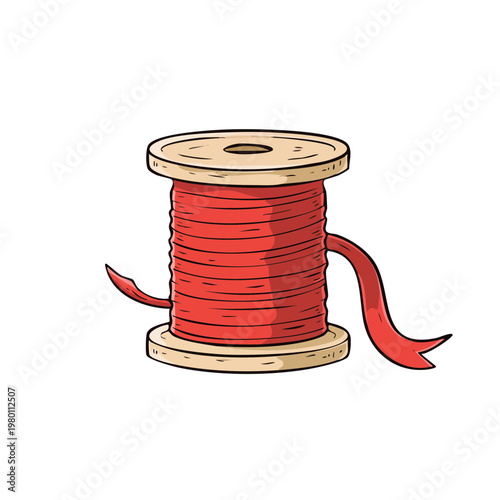 Cartoon spool of red thread with arms and ribbon waving, representing crafting and sewing