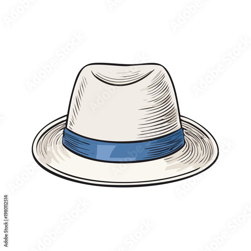 Classic White Fedora Hat with Blue Band Hand Drawn Sketch Style