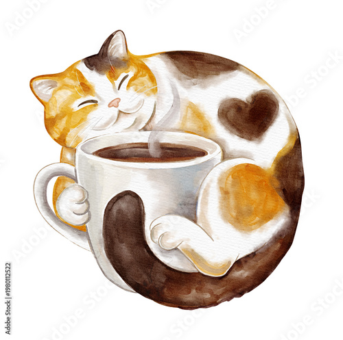Obraz na płótnie Watercolor illustration of a cute calico cat hugging a large white mug of hot coffee or tea