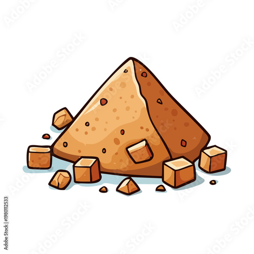 Isolated pile of brown granular material with small cubic pieces scattered around