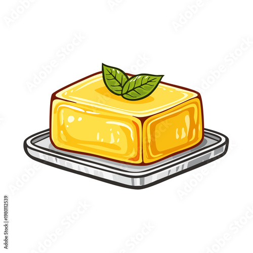 Golden square butter pat with fresh green herb garnish on a silver plate