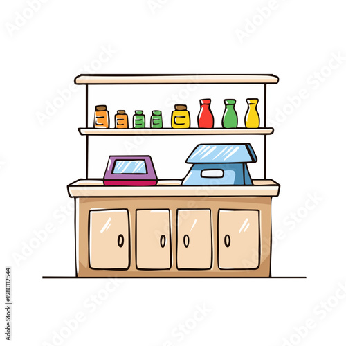 Cartoon illustration of a vintage apothecary counter with glass jars and scales
