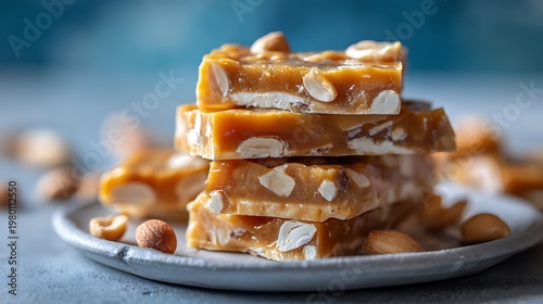 A stack of peanut brittle bars on a plate with scattered nuts around