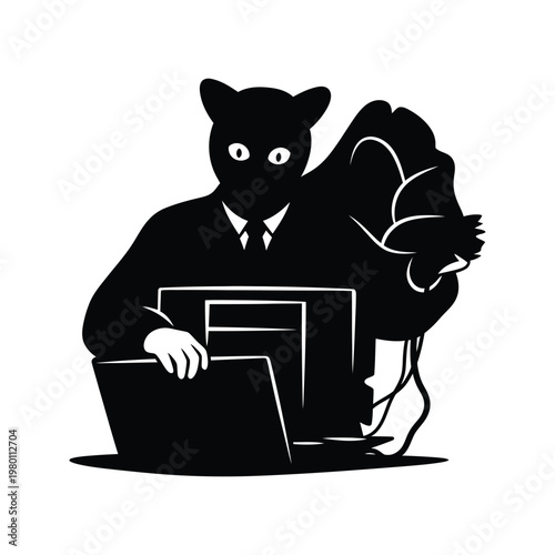 Hacker cat mascot wearing suit working on laptop computer while carrying heavy bag representing cyber crime security breach.