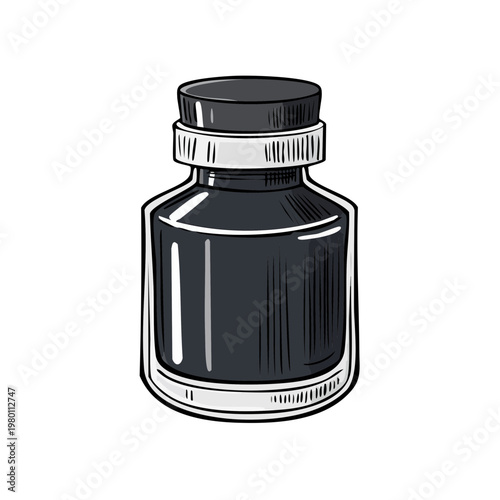 Illustration of a dark inkwell bottle with a black cap and white band