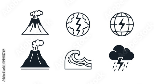 Tableau sur toile Natural Disaster Icons: Volcano, Earthquake, Tsunami, Storm, Electricity