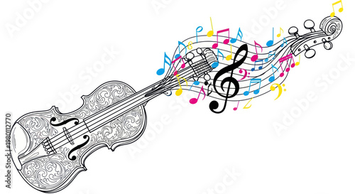 Ornate Violin with Colorful Musical Notes Flowing Out