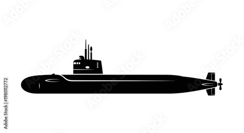 Silhouette of a military submarine in black and white isolated on white background