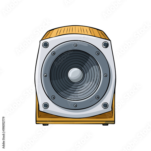 Retro wooden speaker with metallic woofer and detailed surround illustration