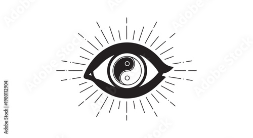 Mystic eye with yin yang symbol pupil and celestial solar rays creative emblem for spiritual design and balance concepts vector.