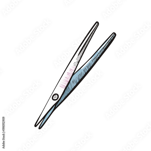 Hand-drawn illustration of angled tweezers with fine points and a sketch aesthetic