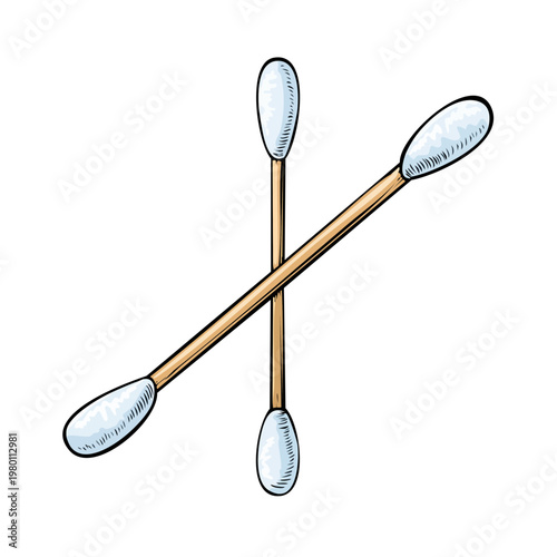 Two Crossed Cotton Swabs Wooden Sticks with White Fluffy Cotton Tips Cleanliness Hygiene Care Tools