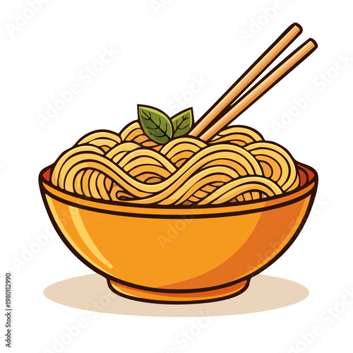 Delicious noodle bowl with chopsticks and fresh herb garnish close up